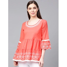 Bhama Couture Women Peach-Coloured Embroidered Detail Tiered Top