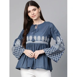 Bhama Couture Women Navy Blue Printed Bell Sleeves A-Line Top