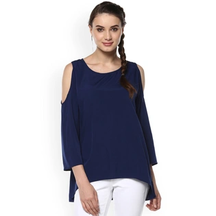 Bhama Couture Women Navy Blue Solid High-Low Top