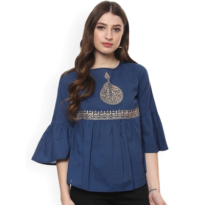 Bhama Couture Women Blue Printed A-Line Top