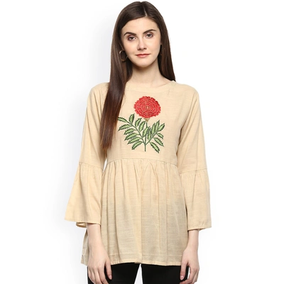 Bhama Couture Women Beige Longline Solid A-Line Top