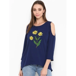 Bhama Couture Women Blue Embroidered Cold-Shoulder Top