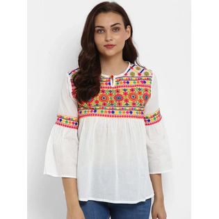 Bhama Couture Women White Embroidered Empire Top