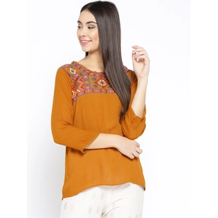 Bhama Couture Women Mustard Brown Embroidered A-Line Top