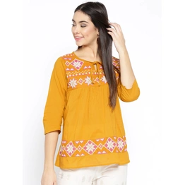 Bhama Couture Women Mustard Yellow Embroidered A-Line Top