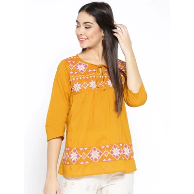 Bhama Couture Women Mustard Yellow Embroidered A-Line Top