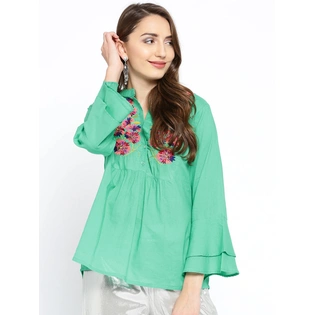 Bhama Couture Women Sea Green Embroidered A-Line Top