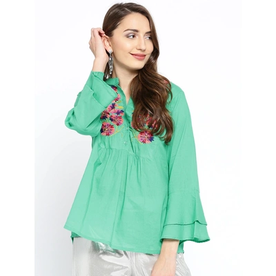 Bhama Couture Women Sea Green Embroidered A-Line Top