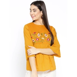 Bhama Couture Women Mustard Yellow Embroidered Empire Top