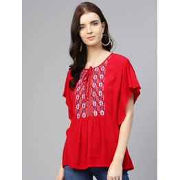 Bhama Couture Women Red Embroidered Detail A-Line Top