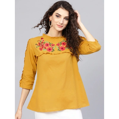 Bhama Couture Women Mustard Yellow Solid A-Line Top