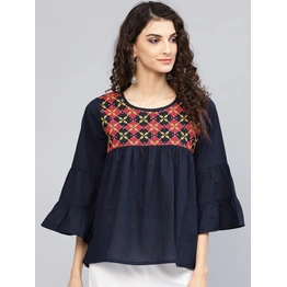 Bhama Couture Women Navy Blue Embroidered A-Line Top