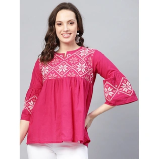 Bhama Couture Women Pink Embroidered Empire Top