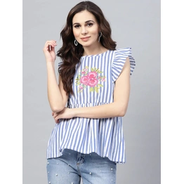 Bhama Couture Women Blue & White Striped A-Line Top