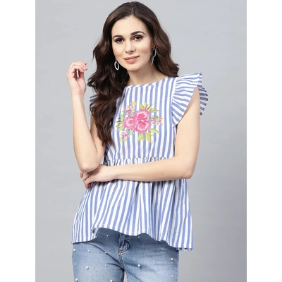 Bhama Couture Women Blue & White Striped A-Line Top