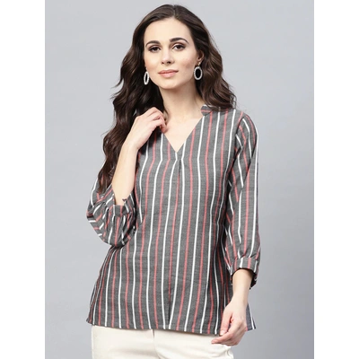 Bhama Couture Women Charcoal Grey & Red Striped A-Line Top