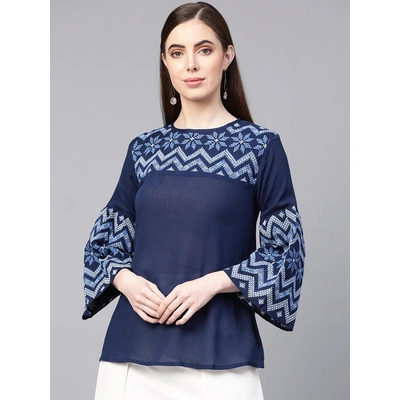 Bhama Couture Women Navy Blue Embroidered Detail Top