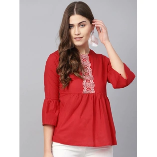 Bhama Couture Women Red & White Embroidered Detail Empire Top