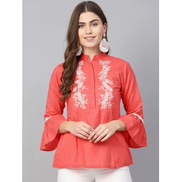 Bhama Couture Women Coral Pink & White Embroidered Detail Shirt Style Top