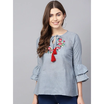 Bhama Couture Women Blue Embroidered Detail Chambray A-Line Top