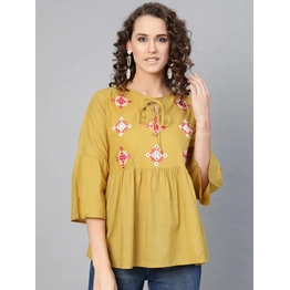 Bhama Couture Women Mustard Yellow Solid Mirror Work A-Line Top