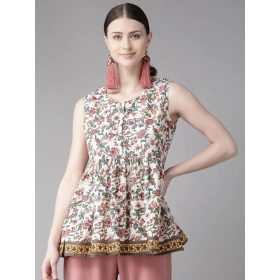 Bhama Couture Women White & Green Floral Print A-Line Top