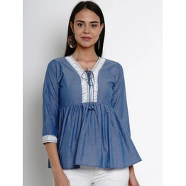 Bhama Couture Women Blue Lace Detail Empire Top