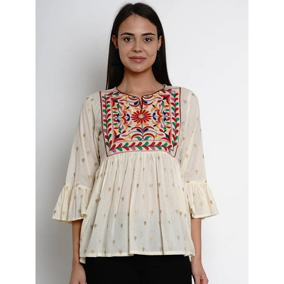 Bhama Couture Women Off-White & Red Embroidered Peplum Top