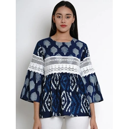 Bhama Couture Women Blue & Off-White Printed Peplum Top