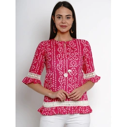 Bhama Couture Women Pink Bandhini Print Frill Detail Top