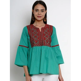 Bhama Couture Women Sea Green & Red Embroidered Top