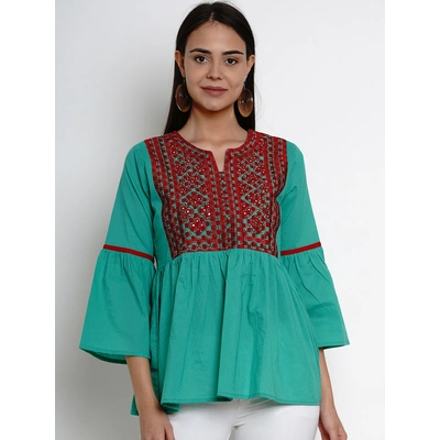 Bhama Couture Women Sea Green & Red Embroidered Top