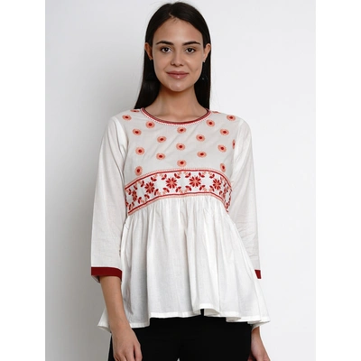 Bhama Couture Women White Embroidered Peplum Top