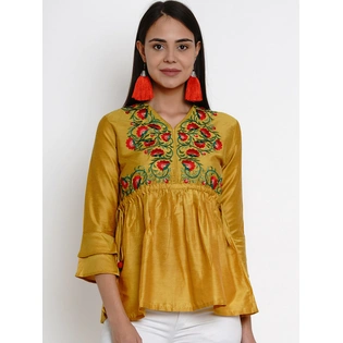 Bhama Couture Women Mustard Yellow Embroidered Top