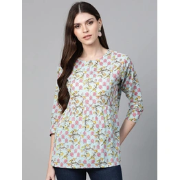 Bhama Couture Women Blue & Pink Floral Print A-Line Top