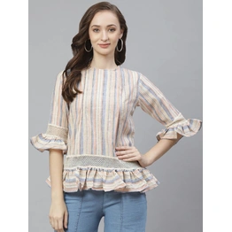 Bhama Couture Women Off-White & Blue Striped Linen Top