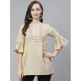 Bhama Couture Women Beige Yoke Design Tunic