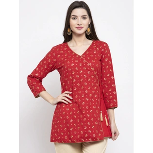 Bhama Couture Women Red & Golden Foil Print Angrakha Tunic