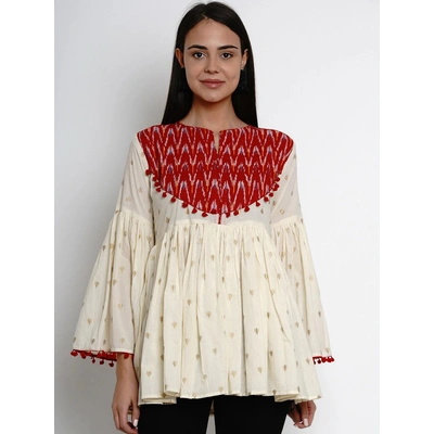 Bhama Couture Women Cream-Coloured & Red Printed Peplum Top