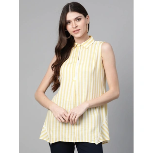 Bhama Couture Women Yellow & Off-White Striped Shirt Tunic