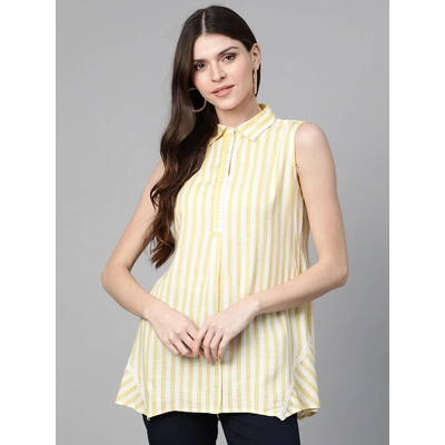 Bhama Couture Women Yellow & Off-White Striped Shirt Tunic