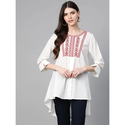 Bhama Couture Women White & Red Embroidered High-Low Tunic