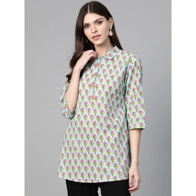 Bhama Couture Women Blue & Pink Floral Print Shirt Tunic