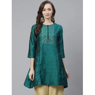 Bhama Couture Women Green & Golden Silk Self Design Tunic