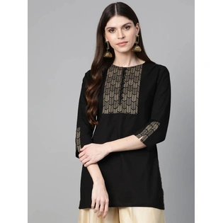 Bhama Couture Women Black & Golden Foil Print Tunic