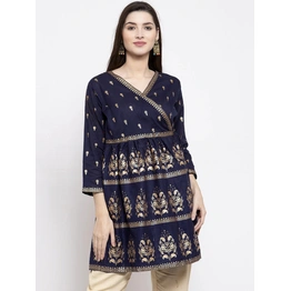 Bhama Couture Women Navy Blue & Golden Foil Print Angrakha Tunic