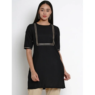 Bhama Couture Women Black Straight Kurti with Gota Detailing