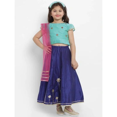 Bitiya by Bhama Girls Green & Blue Embroidered Ready to Wear Lehenga & Blouse with Dupatta