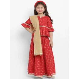 Bitiya by Bhama Girls Red & Gold-Coloured Ready to Wear Lehenga & Blouse with Dupatta