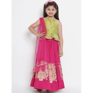 Bitiya by Bhama Girls Fuchsia & Green Solid Ready to Wear Lehenga & Blouse with Dupatta